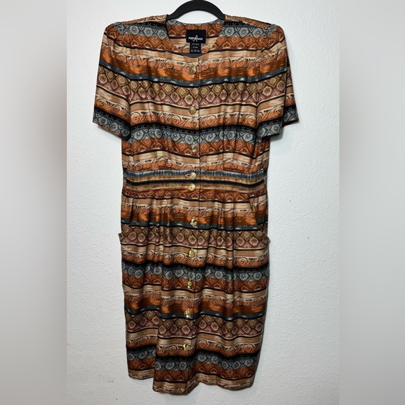 Vintage Positive Attitude Brown and Tan Midi Dress Size 12 - Picture 9 of 13